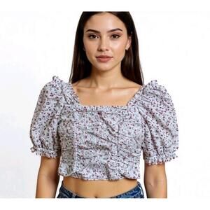 WOMENS WILD FABLE FLORAL EYELET PEASANT TOP PUFF SLEEVE CROPPED Cottage Core XS